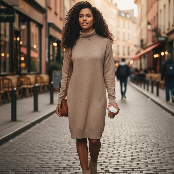 Dresses & Skirts - Aritzia BABATON sweater dress 2XS taupe brown turtleneck long sleeve wool blend